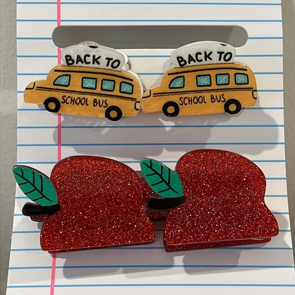 Other - NWT 4 back to school bus apple hair clips